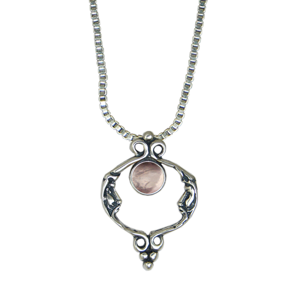 Sterling Silver Unusual Double Moon Necklace With Rose Quartz